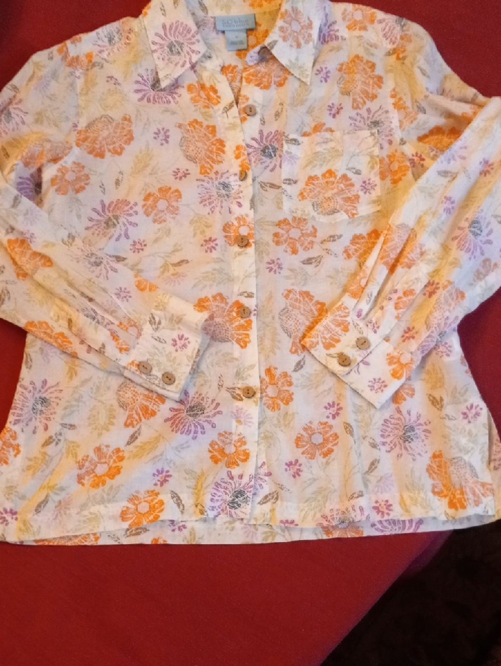 Sigrid Olsen Floral Button-Front Shirt in Cream, Orange & Purple Vintage Y2k
